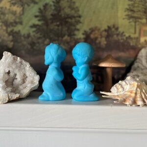 Blue Satin Fenton Praying Children Glass Figurines